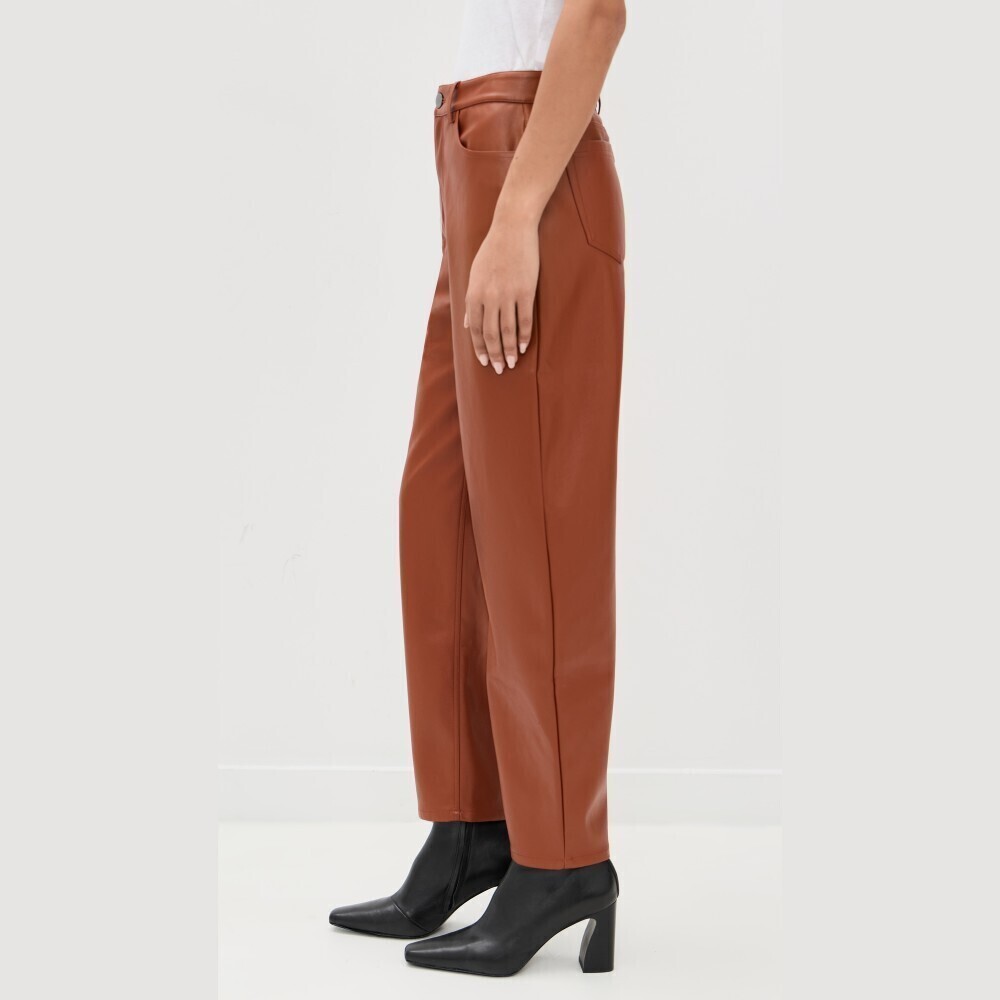 Brown Faux Leather Barrel-Leg Pants - Picture 4 of 6